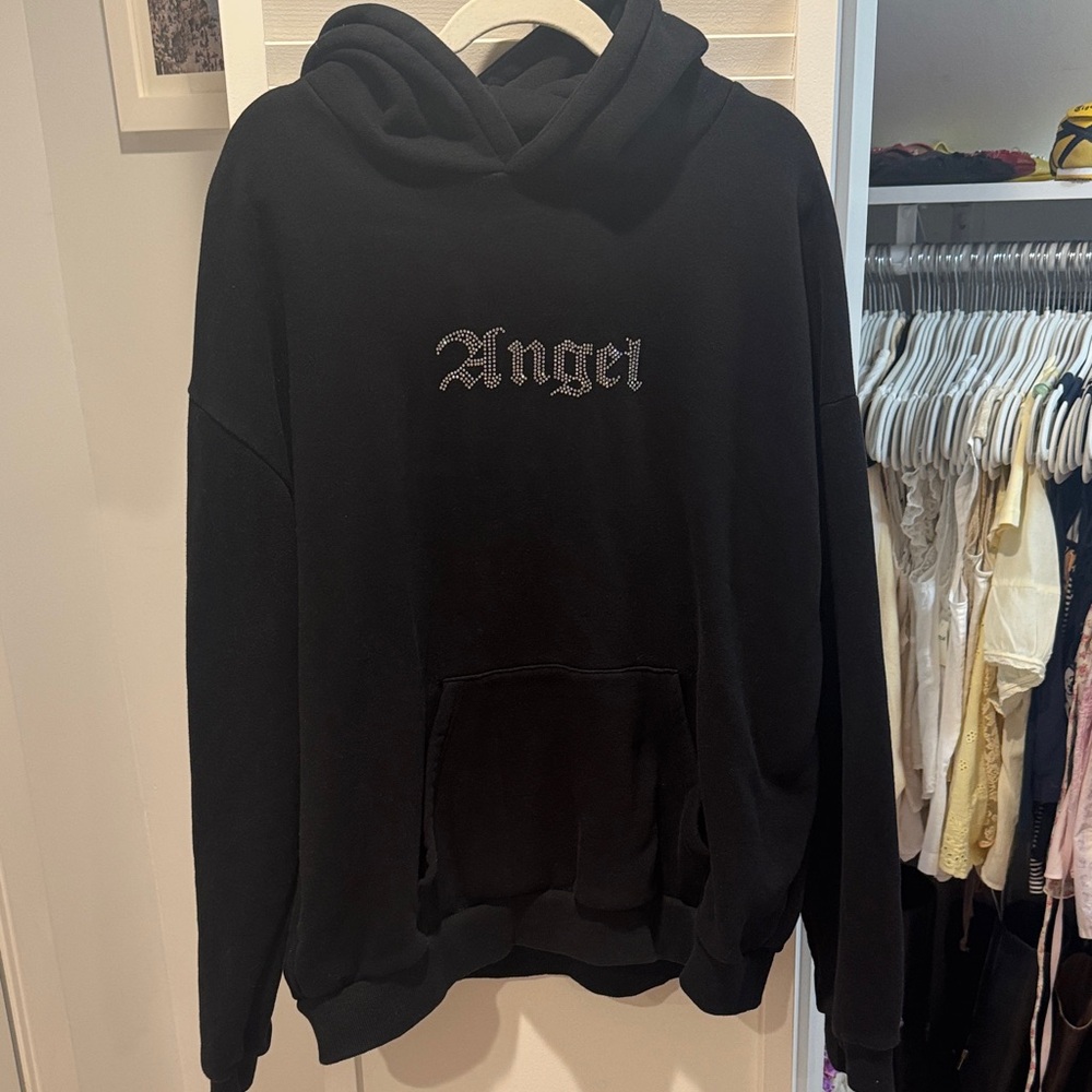 Black "Angel" Rhinestone Hoodie - Women’s Oversized Pullover